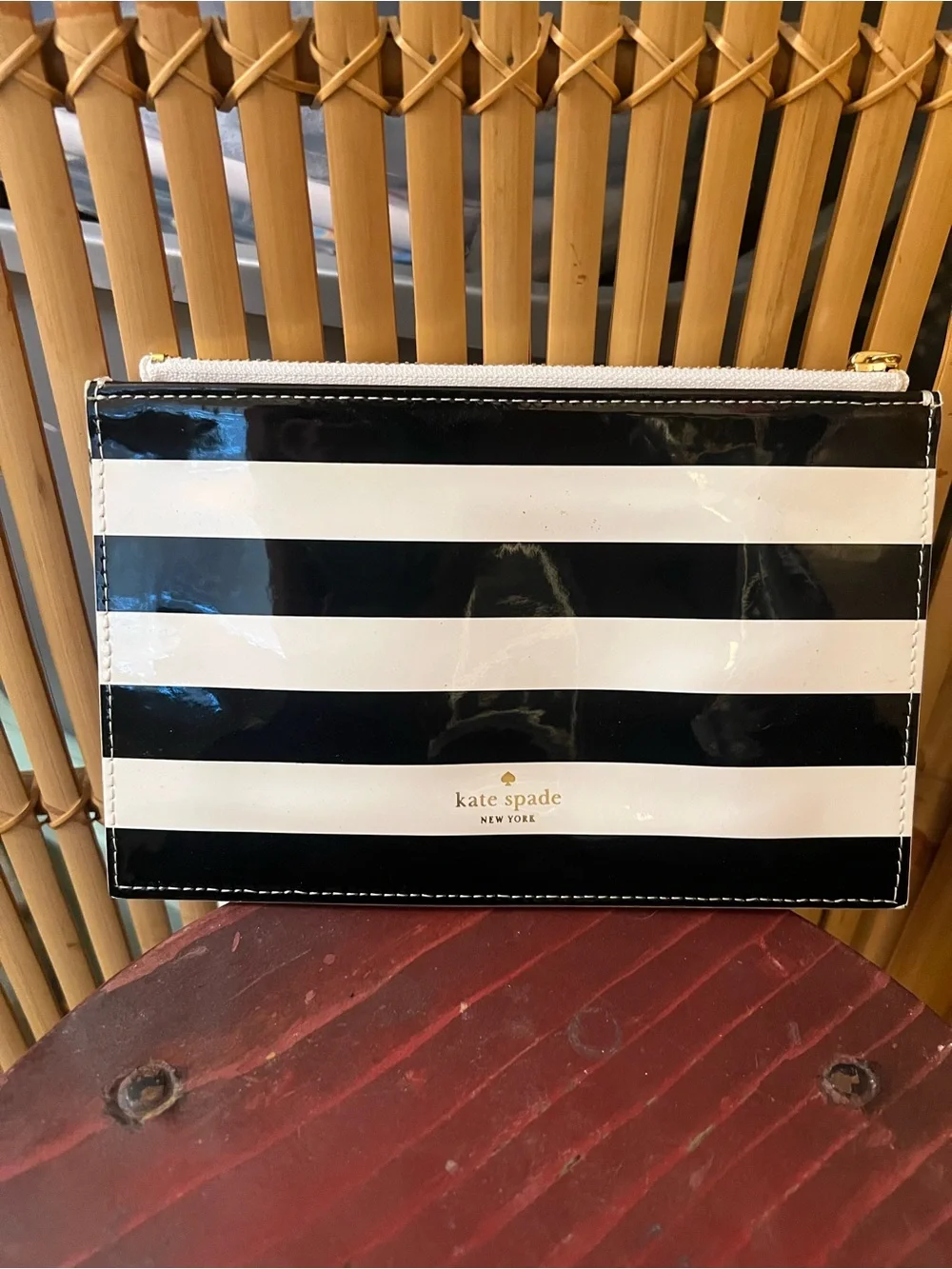 kate spade Black and White Striped Patent pouch